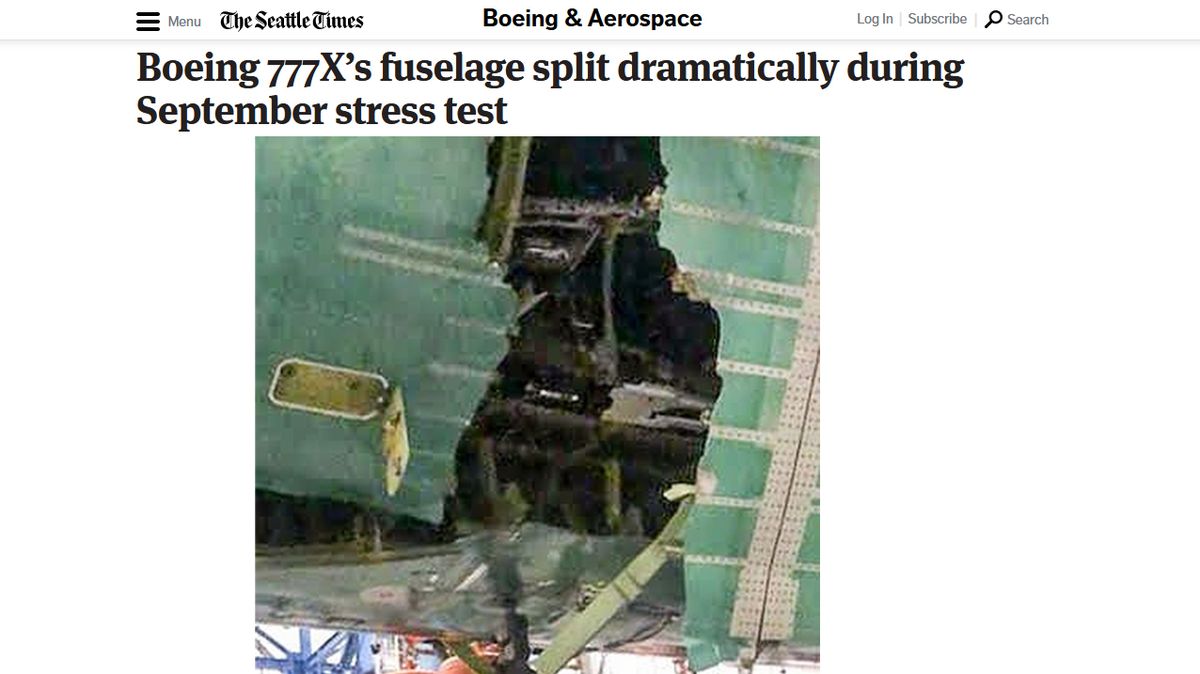 Trup nového Boeingu 777X se při pevnostním testu roztrhl